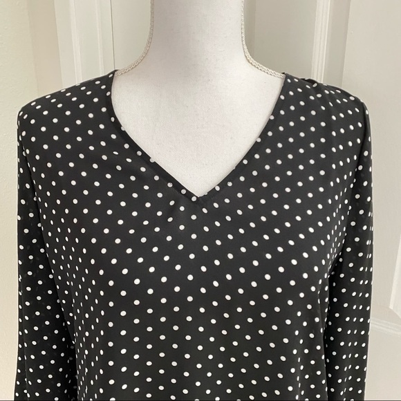 NWT Nordstrom Halogen V-neck Long Sleeve Polka Dot Black Ivory Petite Dot Blouse - Picture 7 of 11